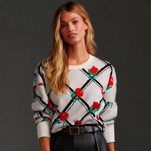 Maeve Anthropologie Trellis Rose Floral Crewneck Sweater, Slight Crop Fit, Sz-M